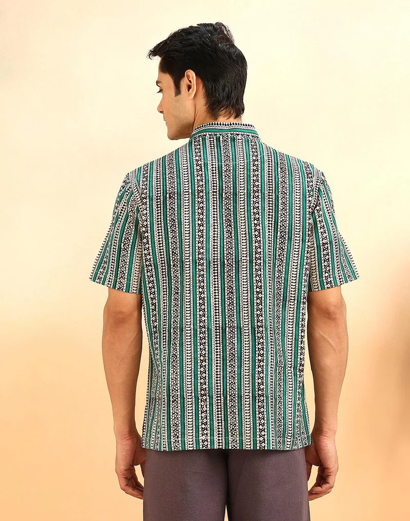 Fabindia  Green Cotton Hand Block Printed Mid Placket Shirt for Men | Best Price UAE
