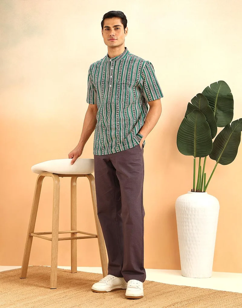 Fabindia  Green Cotton Hand Block Printed Mid Placket Shirt for Men | Best Price UAE