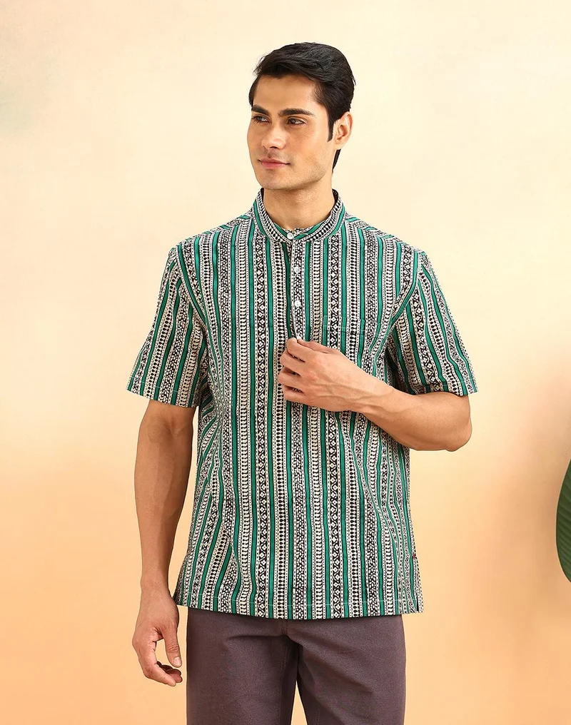 فاب انديا Green Cotton Hand Block Printed Mid Placket Shirt