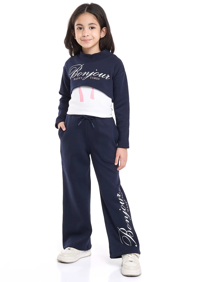 victor and jane Junior Girls Bonjour 3-Piece Fleece Set – Navy &amp; White