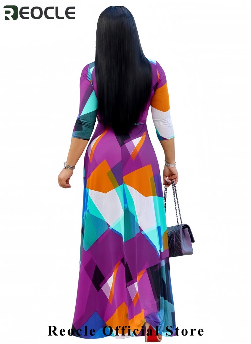 REOCLE Plus Size Maxi Dress for Women Casual Summer Sundress V-Neck 3/4 Sleeve  - Image 3