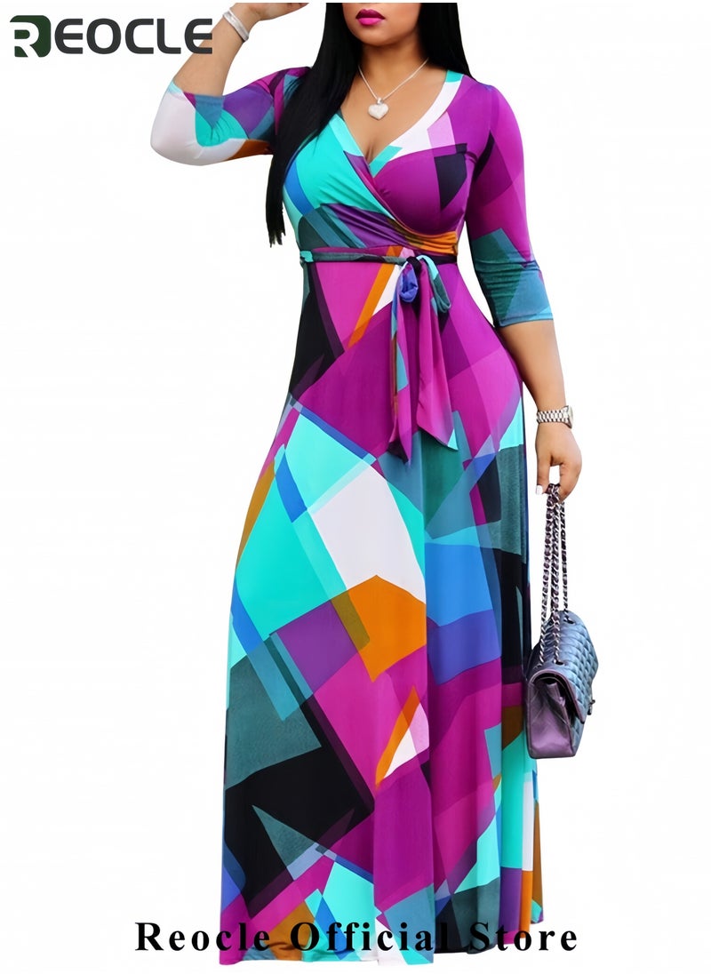 REOCLE Plus Size Maxi Dress for Women Casual Summer Sundress V-Neck 3/4 Sleeve  - Image 2