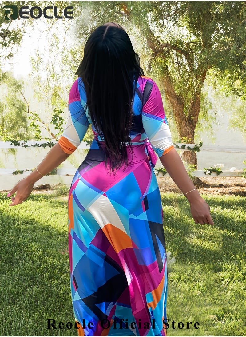 REOCLE Plus Size Maxi Dress for Women Casual Summer Sundress V-Neck 3/4 Sleeve  - Image 4
