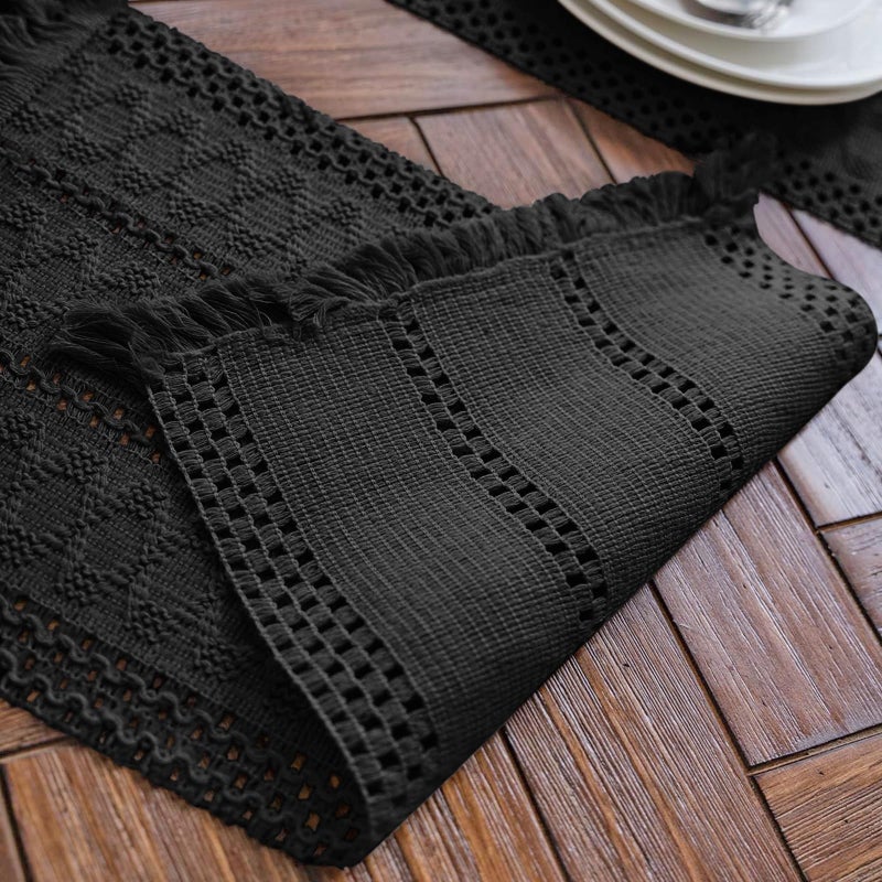 Alynsehom Macrame Table Runner Pure Black Boho Table Runners with Tassels Hand Woven Cotton Table Runner Rustic Farmhouse Table Runners for Bohemian Kitchen Dining Table(12x48in) - Image 4