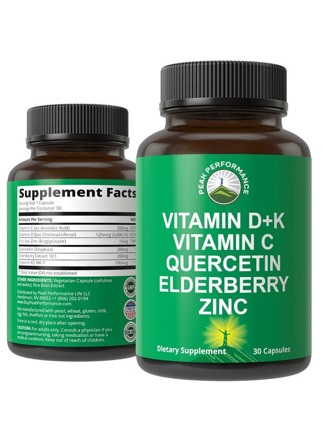 Peak Performance Immune Support Supplement with 6 Top Ingredients. Vitamin D3 K2 + Vitamin C + Elderberry + Zinc + Quercetin. Includes 5000 IU Vitamin D. Zinc 15mg. Immunity Capsules. Supplements for Women and Men  - Image 1