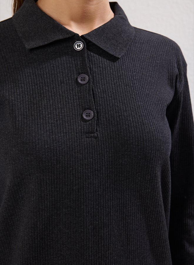 trendyol Anthracite Polo Neck Ribbed Knitted Dress - Image 3
