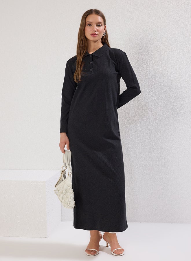 trendyol Anthracite Polo Neck Ribbed Knitted Dress - Image 2