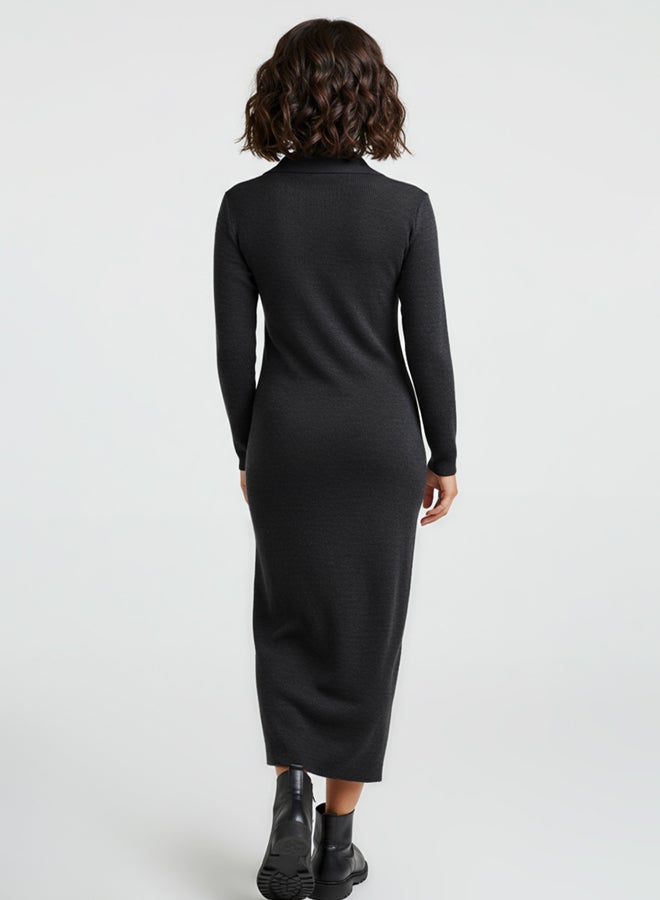trendyol Anthracite Polo Neck Ribbed Knitted Dress - Image 5