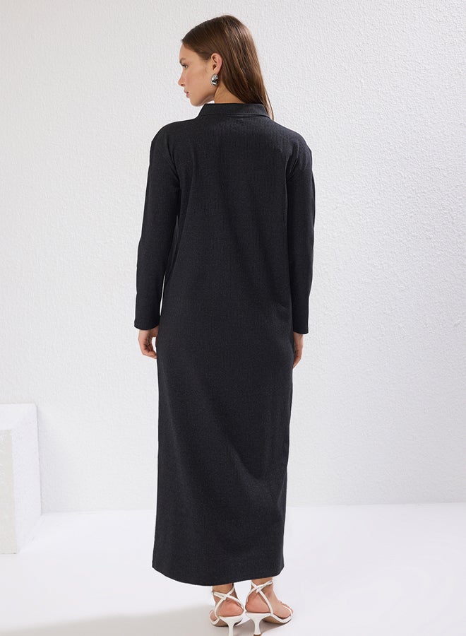 trendyol Anthracite Polo Neck Ribbed Knitted Dress - Image 4