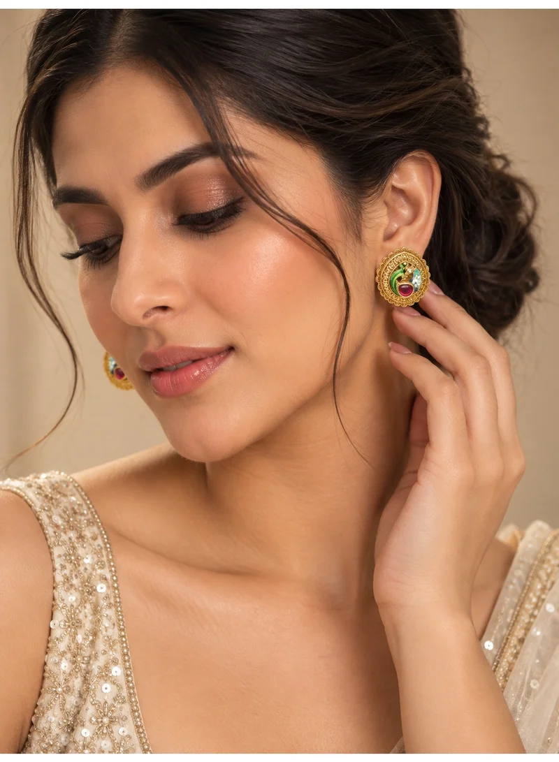 Lehar Peacock Meenakari Oval Studs - Gold Tone Indian Traditional Jewelry
