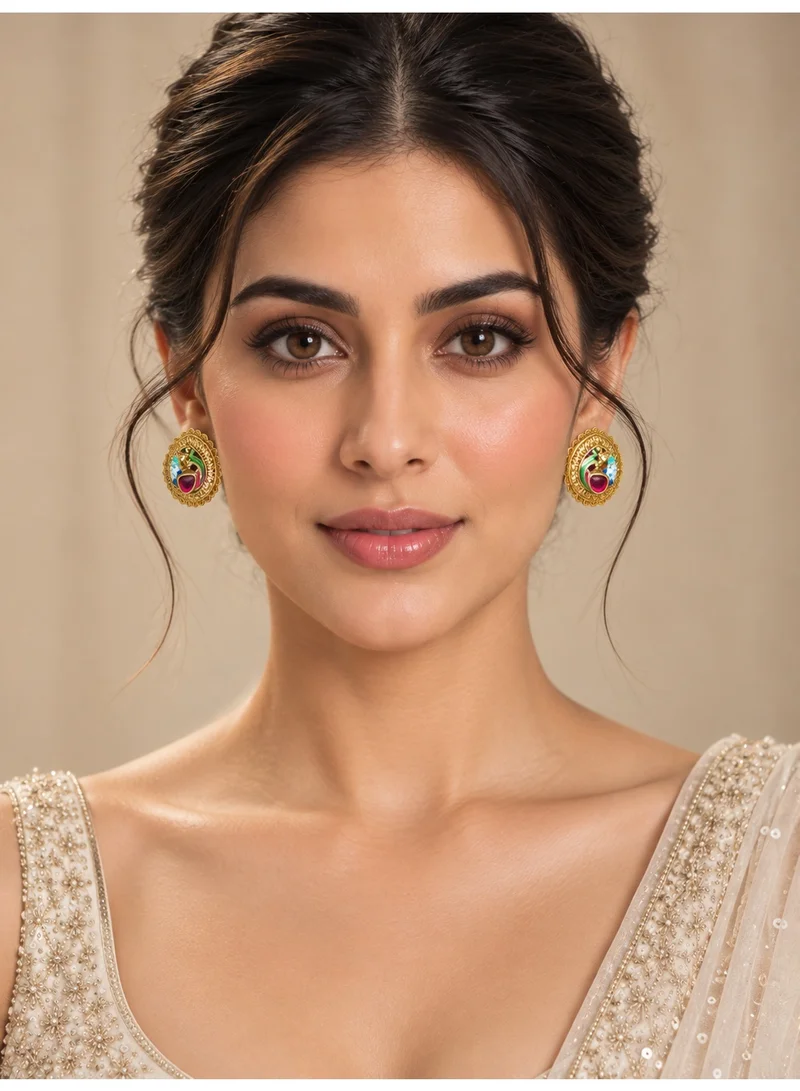 Lehar Peacock Meenakari Oval Studs - Gold Tone Indian Traditional Jewelry