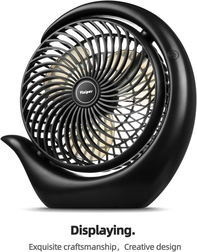 Viniper 8.7 inch Portable Rechargeable Fan, Small Table Fan : 180 Rotation and 3 Speeds Strong Wind Quiet Desk Fan, Long Working Hours for Home Outdoor (Black, Light Black Blade) - Image 2