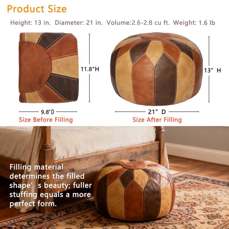 Thgonwid Unstuffed Moroccan Faux Leather Pouf Ottoman with Storage - Handmade Boho Chic Multi-Use Footrest for Living Room, Bedroom, Patio - Round Ethnic Floor Cushion & Decorative Accent, Tricolor - Image 2