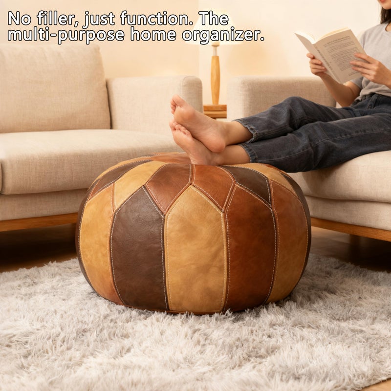 Thgonwid Unstuffed Moroccan Faux Leather Pouf Ottoman with Storage - Handmade Boho Chic Multi-Use Footrest for Living Room, Bedroom, Patio - Round Ethnic Floor Cushion & Decorative Accent, Tricolor - Image 4