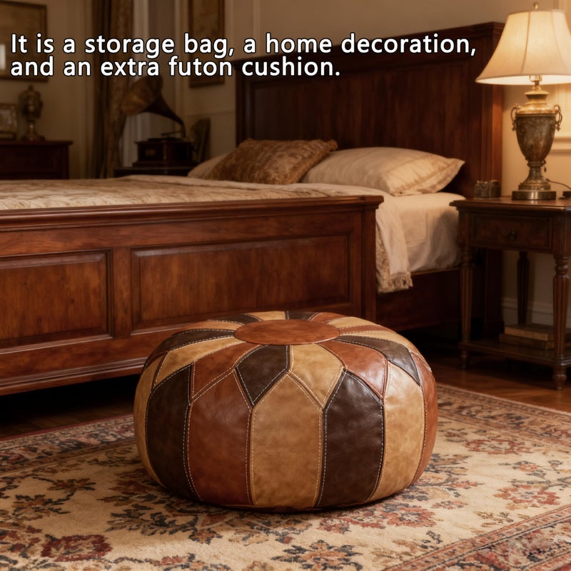 Thgonwid Unstuffed Moroccan Faux Leather Pouf Ottoman with Storage - Handmade Boho Chic Multi-Use Footrest for Living Room, Bedroom, Patio - Round Ethnic Floor Cushion & Decorative Accent, Tricolor - Image 5