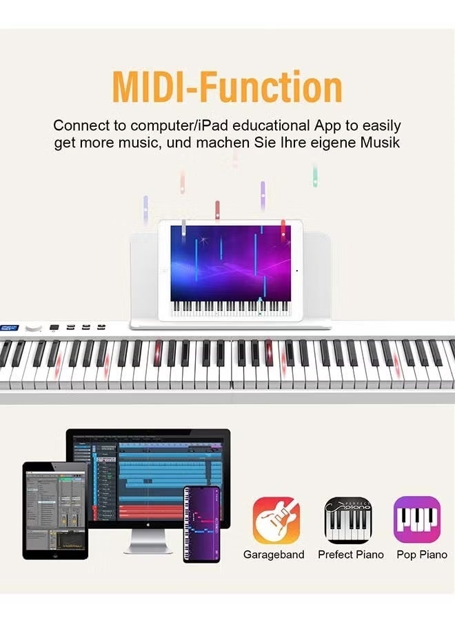 كونيكس لوحة مفاتيح بيانو رقمية قابلة للطي بـ 88 مفتاحًا، لوحة مفاتيح كاملة الحجم شبه مرجحة، بيانو كهربائي محمول مع MIDI، وظيفة منفصلة، ​​دواسة مستدامة وحقيبة حمل للمبتدئين (أبيض مع ضوء) - Image 4