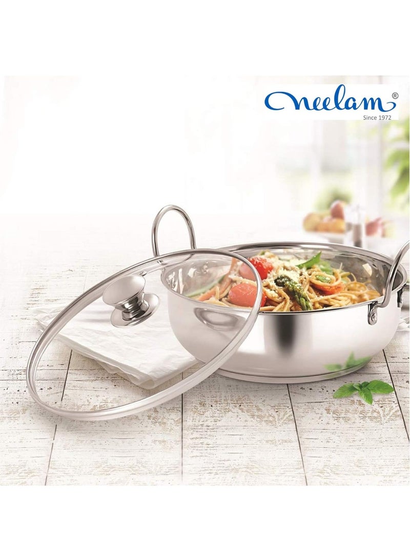 Neelam Stainless Steel Size 12, 22 Gauge Induction Bottom Kadai & Glass Lid, 1500 ml, Silver Finishing, Elegant & Durable Perfect for Curry/StirFry/DeepFry, Induction & Gas Safe Dishwasher Safe. - Image 3