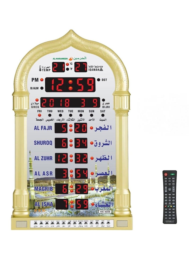 Generic - HA-4008 LED Digital Muslim Clock Islamic Wall Clock, Mosque Prayer Times Wall Clock, Masjid Clock with Complete Azaan (Gold) - Image 1