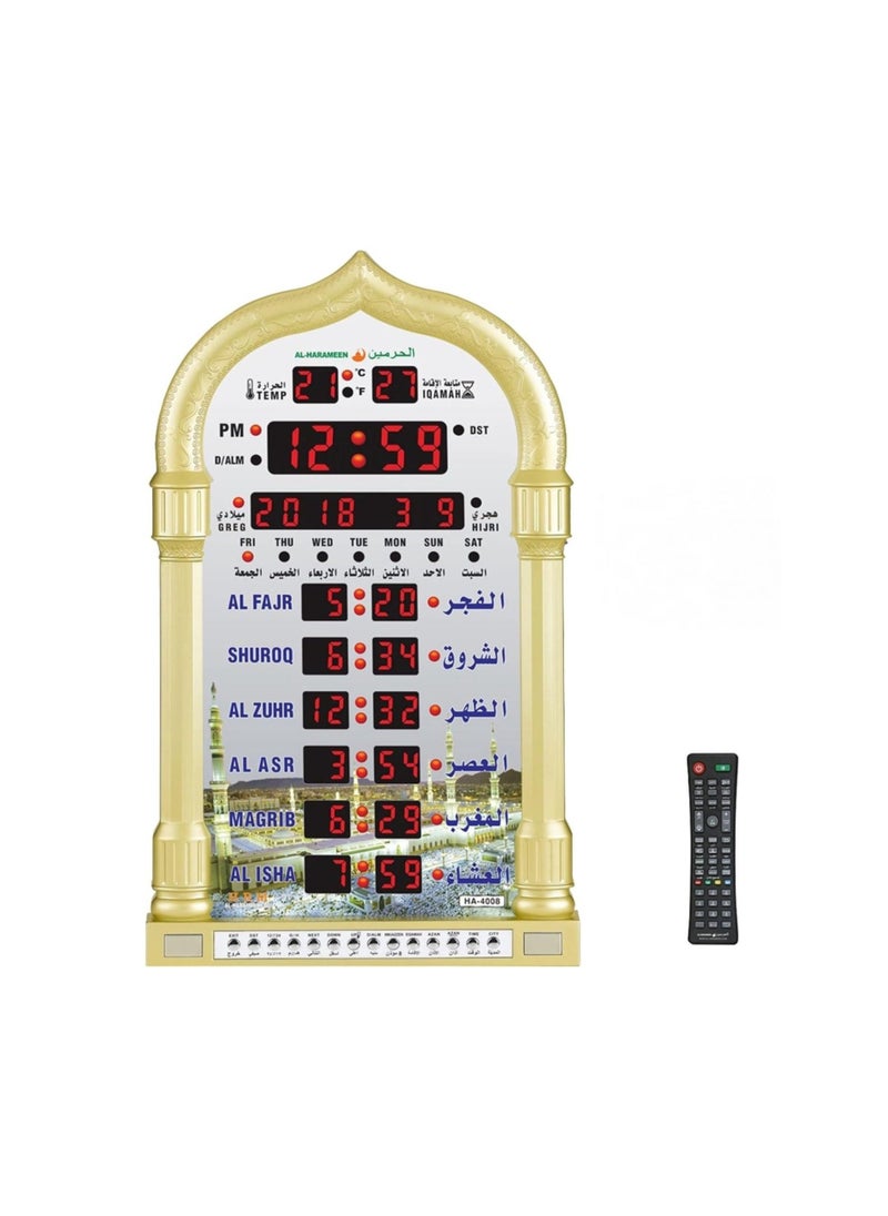 Generic - HA-4008 LED Digital Muslim Clock Islamic Wall Clock, Mosque Prayer Times Wall Clock, Masjid Clock with Complete Azaan (Gold) - Image 1