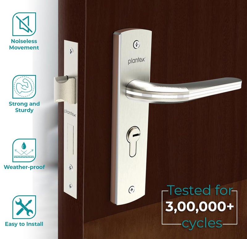 Plantex Heavy-Duty Door Lock Set - Main Door Lock Handle Set/ 6-Lever Lock Mechanism with 3 Years of Warranty/Mortise Lock with 3 Keys, Brass Lock Body & Cylinder(8077 - Chrome & Matt) - Image 2