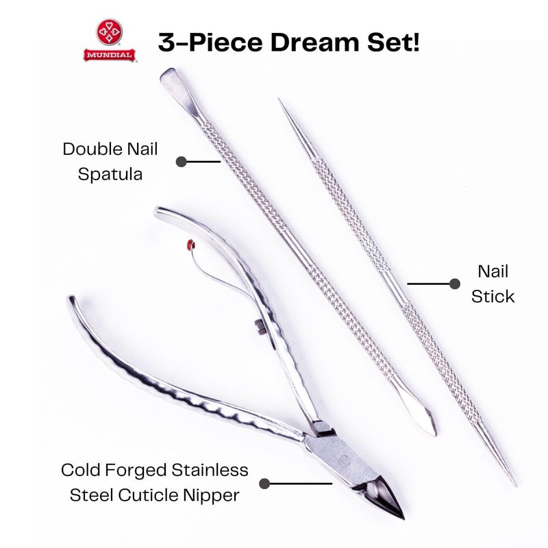 Mundial Nail Care 3 Piece Set - Professional Stainless Steel Cuticle Nippers with Double Nail Spatula and Pusher, Manicure, and Pedicure Trimmer Kit - Image 1
