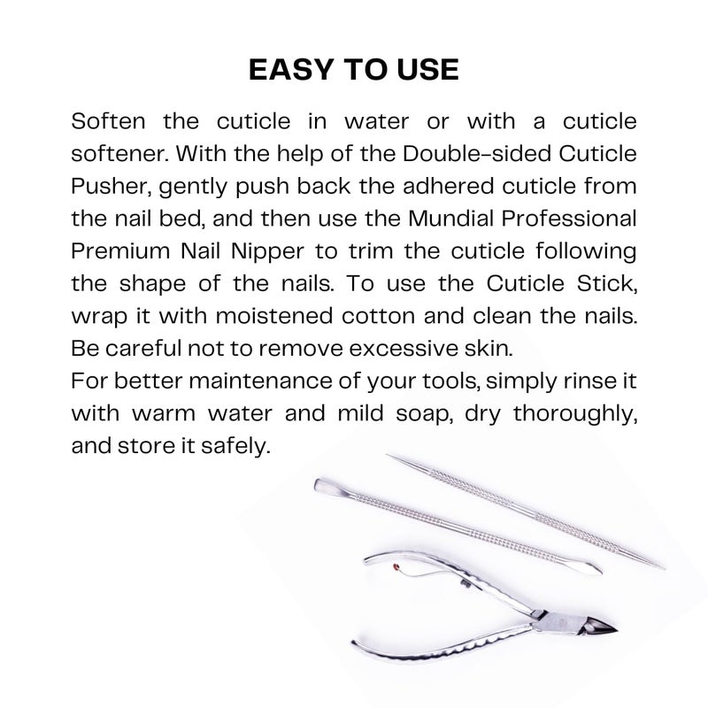 Mundial Nail Care 3 Piece Set - Professional Stainless Steel Cuticle Nippers with Double Nail Spatula and Pusher, Manicure, and Pedicure Trimmer Kit - Image 4