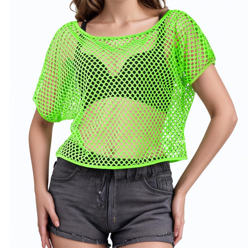 PKRFCJ 80s Neon Shirts for Women, Fishnet Top, Casual Neon Clothes, Off-Shoulder T-Shirt, Suitable for Masquerade Disco Party (Green) - Image 1