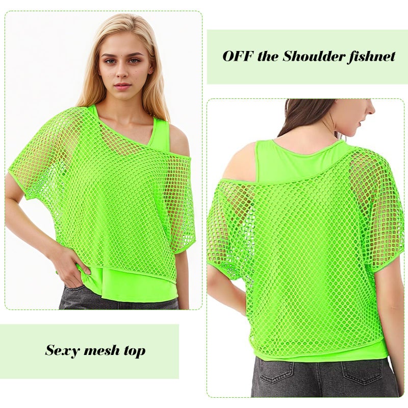 PKRFCJ 80s Neon Shirts for Women, Fishnet Top, Casual Neon Clothes, Off-Shoulder T-Shirt, Suitable for Masquerade Disco Party (Green) - Image 2