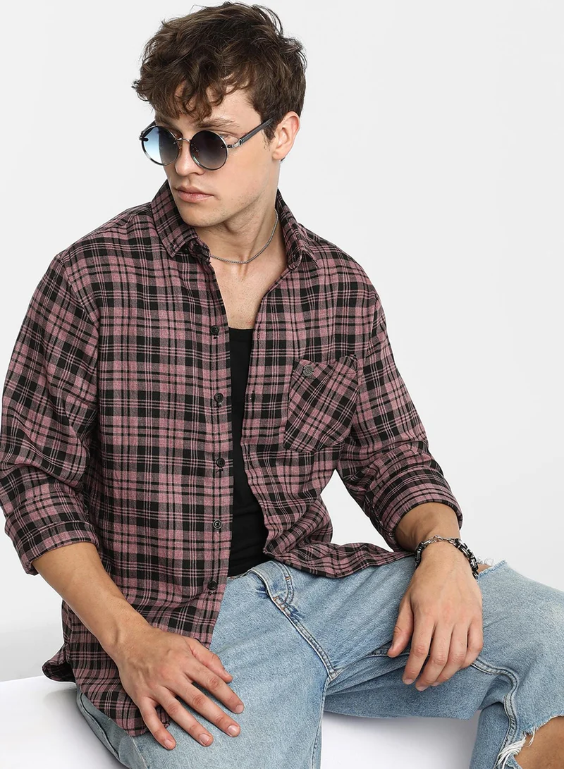 Campus Sutra Men's Mauve Pink & Charcoal Black Tartan Plaid Shirt