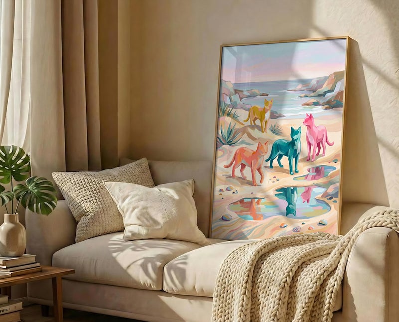 TNESSENTIAL Colorful Cats Print – Pastel Beach Wall Art, Coastal Summer Decor, Vibrant Animal Poster, Beach House Decor, Quirky Cat Art Print - Image 3