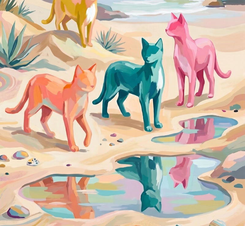 TNESSENTIAL Colorful Cats Print – Pastel Beach Wall Art, Coastal Summer Decor, Vibrant Animal Poster, Beach House Decor, Quirky Cat Art Print - Image 2