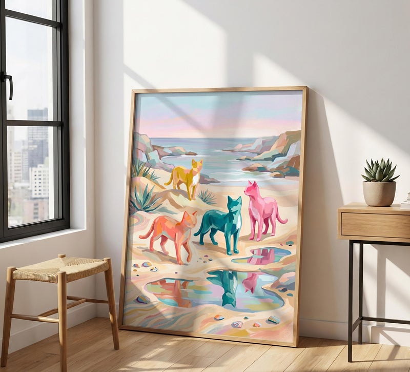 TNESSENTIAL Colorful Cats Print – Pastel Beach Wall Art, Coastal Summer Decor, Vibrant Animal Poster, Beach House Decor, Quirky Cat Art Print - Image 4