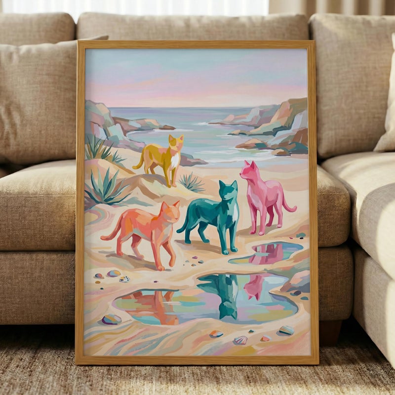 TNESSENTIAL Colorful Cats Print – Pastel Beach Wall Art, Coastal Summer Decor, Vibrant Animal Poster, Beach House Decor, Quirky Cat Art Print - Image 1
