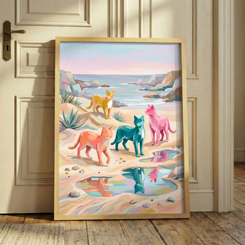 TNESSENTIAL Colorful Cats Print – Pastel Beach Wall Art, Coastal Summer Decor, Vibrant Animal Poster, Beach House Decor, Quirky Cat Art Print - Image 5