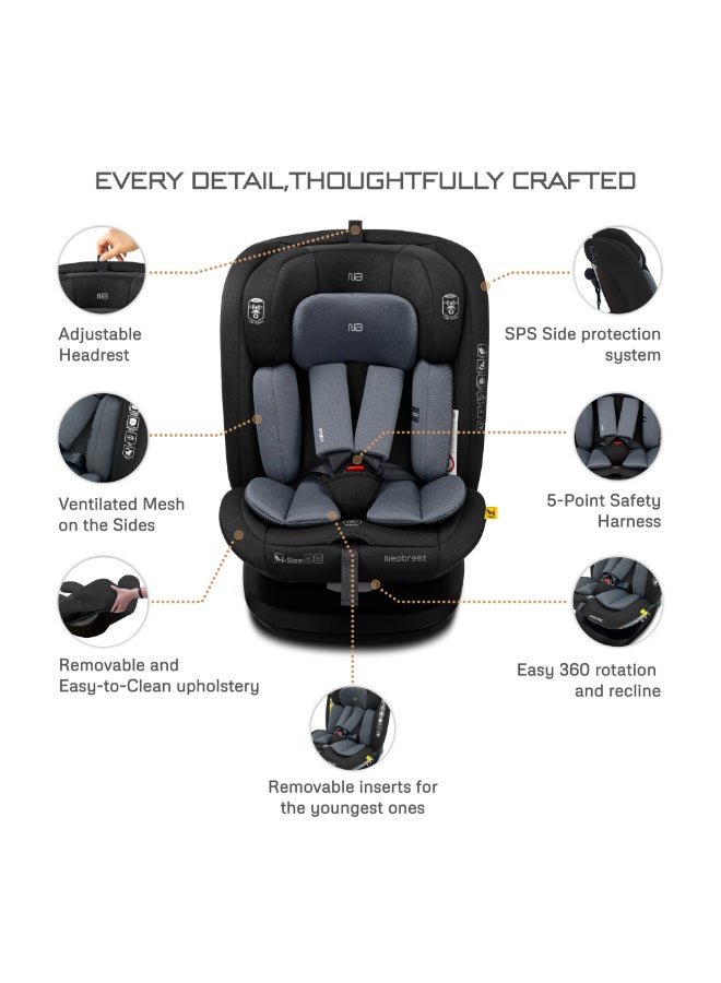 Neobreez I-VILO 360° Rotatable ISOFIX All-in-1 Convertible Baby Toddler Kids Child Car Seat,I-Size ECER129, Recline&Adjustable, Side Impact Protection,0-12Yrs,0-36Kg),Group 0+/1/2/3-Black Grey - Image 5