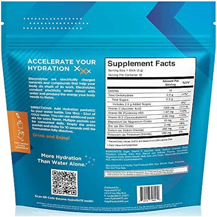 HydroMATE Electrolytes Powder with Low Sugar - 16 Instant Hydration Packets with Vitamin C Orange to Boost Energy - Low Sugar Electrolytes Powder Packets to Support Hydration for Fast Party Recovery - Image 4