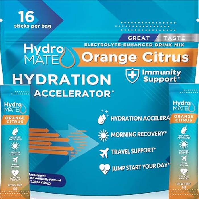 HydroMATE Electrolytes Powder with Low Sugar - 16 Instant Hydration Packets with Vitamin C Orange to Boost Energy - Low Sugar Electrolytes Powder Packets to Support Hydration for Fast Party Recovery - Image 1