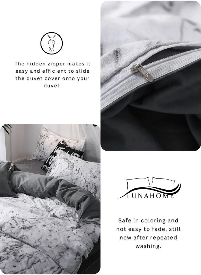LUNA Home - Single-Size 4-Piece Marble Duvet Cover Set. Reversible Bedding Ensemble in Grey and White. - Image 1