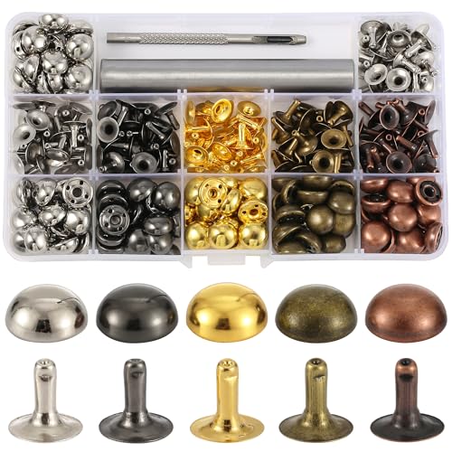 YORANYO 150 Sets 12x6mm Round Dome Leather Rivets Studs for Clothing Purse Feet for Handbags Studs and Spikes with Hole Punch and Mushroom Rivets Setter for Shoes Bags Belts Dog Collars Leather Craft - Image 1