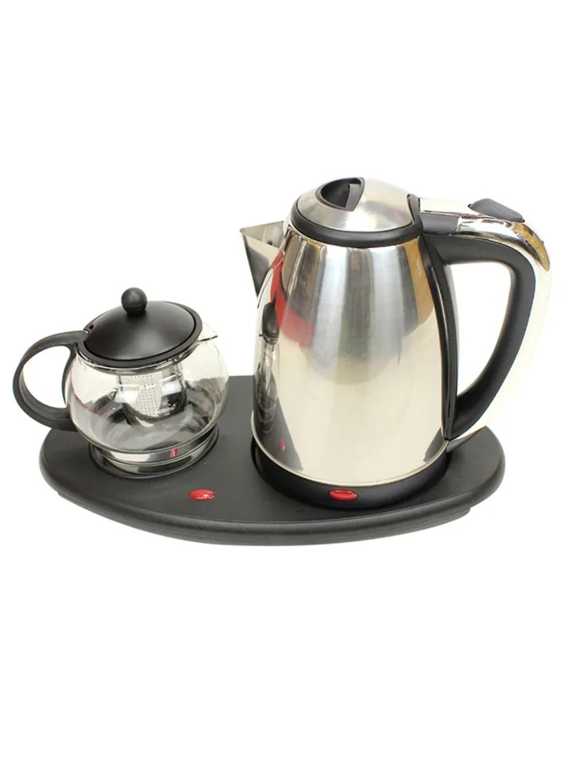 Electric Tea and Coffee Set, Glass Teapot with Infuser, Stainless Steel Kettle, Warming Tray, Black - Image 1