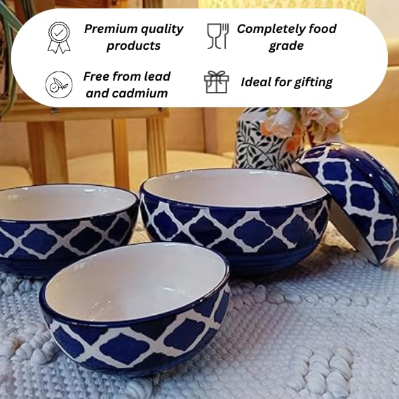 Niyara Stoneware Handmade Ceramic Stylish Premium Serving Bowls, Salad Tray Microwave Dishwasher Safe, Elegant Ceramic Flat Serving Bowl Set of 4, Sizes: 1400ml, 700ml, 500ml, 350ml (Blue) - Image 3