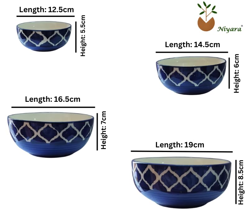 Niyara Stoneware Handmade Ceramic Stylish Premium Serving Bowls, Salad Tray Microwave Dishwasher Safe, Elegant Ceramic Flat Serving Bowl Set of 4, Sizes: 1400ml, 700ml, 500ml, 350ml (Blue) - Image 4