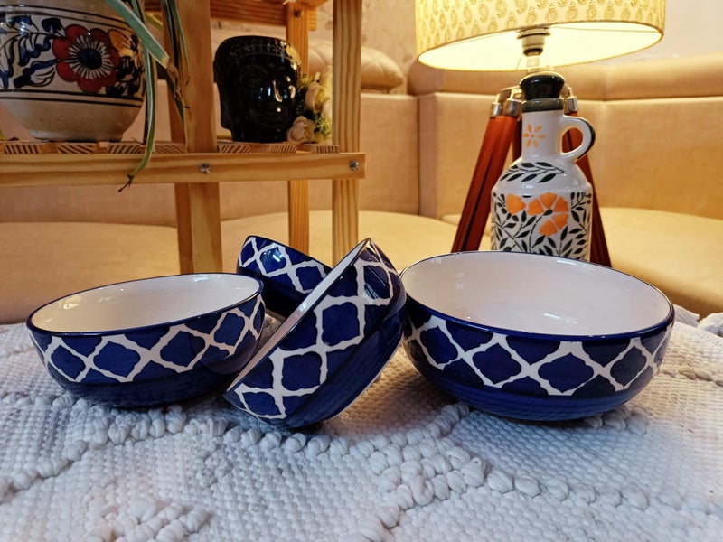 Niyara Stoneware Handmade Ceramic Stylish Premium Serving Bowls, Salad Tray Microwave Dishwasher Safe, Elegant Ceramic Flat Serving Bowl Set of 4, Sizes: 1400ml, 700ml, 500ml, 350ml (Blue) - Image 1