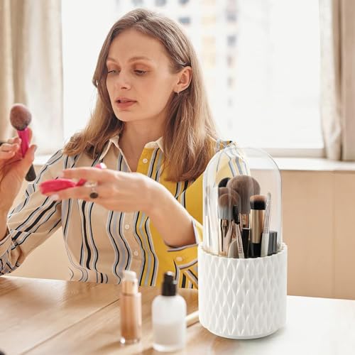 Prime Pick Spin Guard Makeup Brush Holder Organizer 360 Degree Rotating Dustproof Cosmetic Storage Container with Lid Clear Vanity Desktop Bathroom Countertop Makeup Organizer White - Image 4