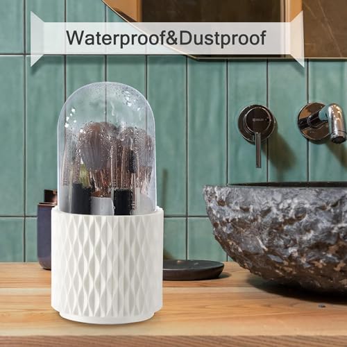 Prime Pick Spin Guard Makeup Brush Holder Organizer 360 Degree Rotating Dustproof Cosmetic Storage Container with Lid Clear Vanity Desktop Bathroom Countertop Makeup Organizer White - Image 5