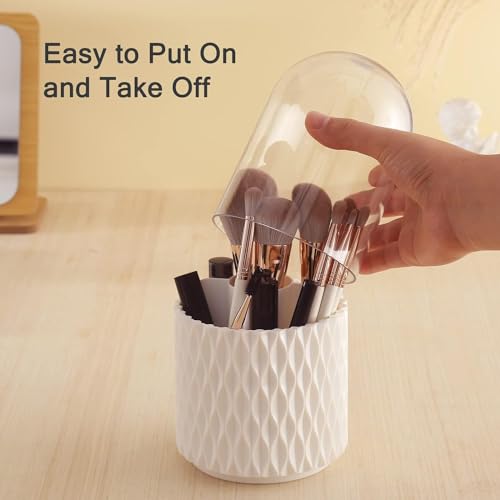 Prime Pick Spin Guard Makeup Brush Holder Organizer 360 Degree Rotating Dustproof Cosmetic Storage Container with Lid Clear Vanity Desktop Bathroom Countertop Makeup Organizer White - Image 3
