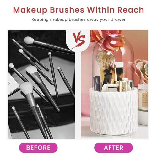 Prime Pick Spin Guard Makeup Brush Holder Organizer 360 Degree Rotating Dustproof Cosmetic Storage Container with Lid Clear Vanity Desktop Bathroom Countertop Makeup Organizer White - Image 2