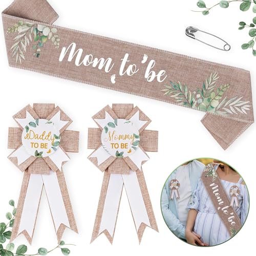 Mecholey Neutral Burlap Mom to Be Sash Dad to Be Pin Baby Shower Decorations Sage Green Mommy to Be Sash Baby Shower Pin Set for Gender Reveals Party Decorations for Pregnant Keepsake Gifts - Image 1