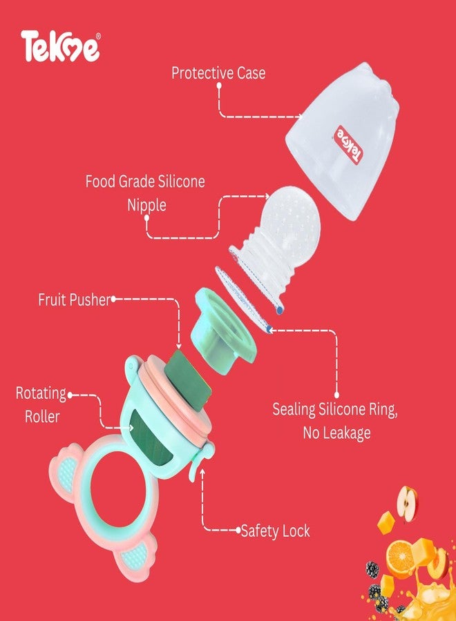 Tekme Silicone Food/Fruit Nibbler with Rotating Roll to Push Food, Baby Fruit Feeder Nibbler for 6 to 12 Months, Pacifier/Feeder/Teether for Baby & Infant (Cyan-Pink) - Image 3
