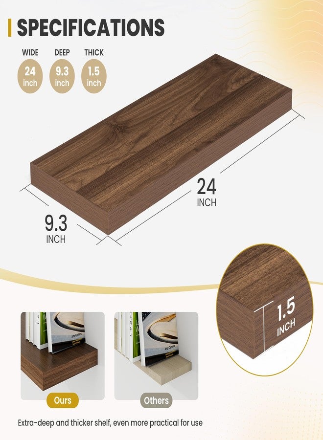 Acovy 24 Inch Floating Shelves, 9.3" Deep Floating Shelf Wall Mounted, 24" Wall Shelves, Rustic Deep Bookshelf, Large Display Shelves & Storage Shelves for Bedroom, Living Room, Walnut, Set of 2 - Image 4
